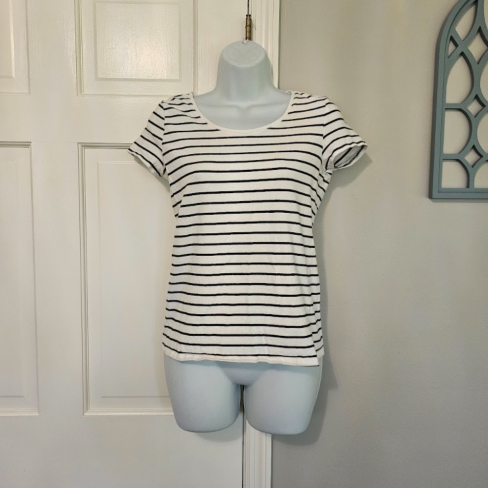 Divided Black and White Striped Short Sleeve Top